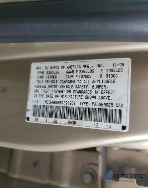 2006 Honda Accord Ex из США, поврежденный, VIN 1HGCM66596A024289